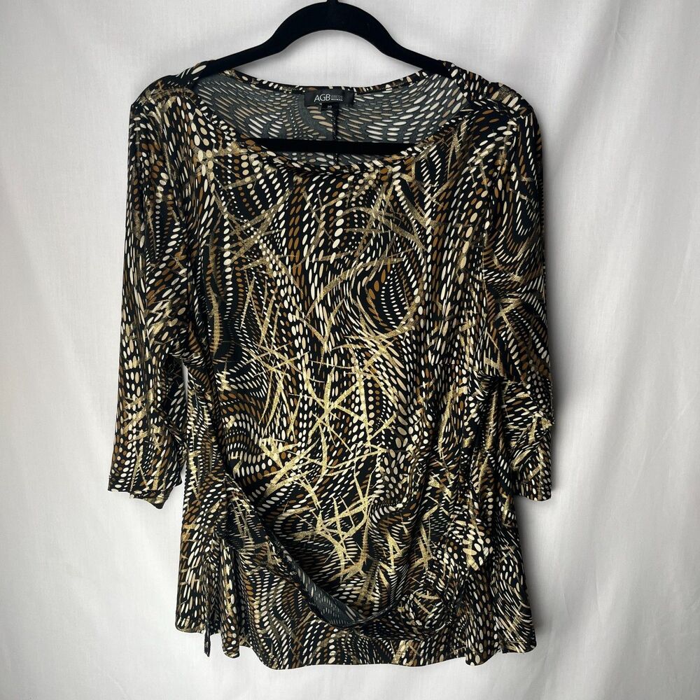 AGB Dress 2X Woman Plus Sz 20 Black Gold Abstract Cowl Neck Tunic Top Belt Loop